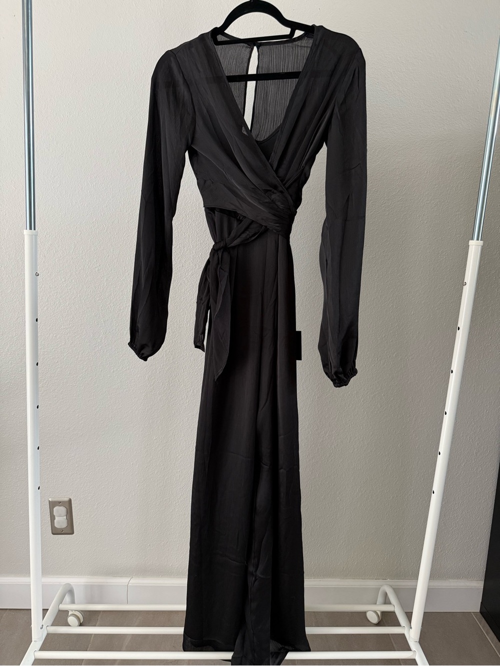 Lulus Iconic Influence Black Long Sleeve Faux-Wrap Wide-Leg Jumpsuit